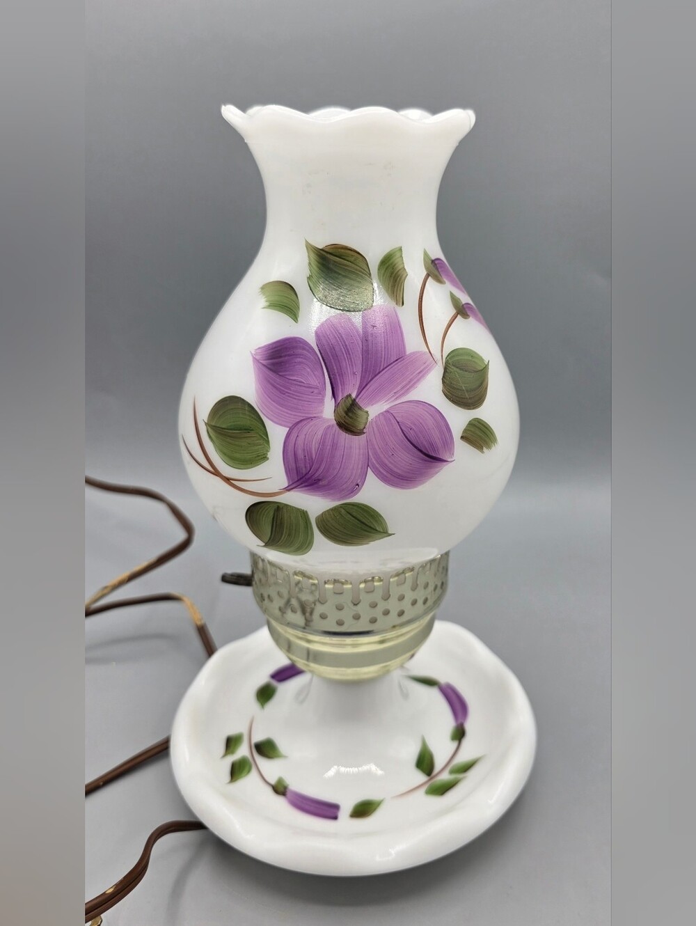 Vintage Milk Glass Purple Floral Painted Ruffle Top Hurricane Table Lamp 11"